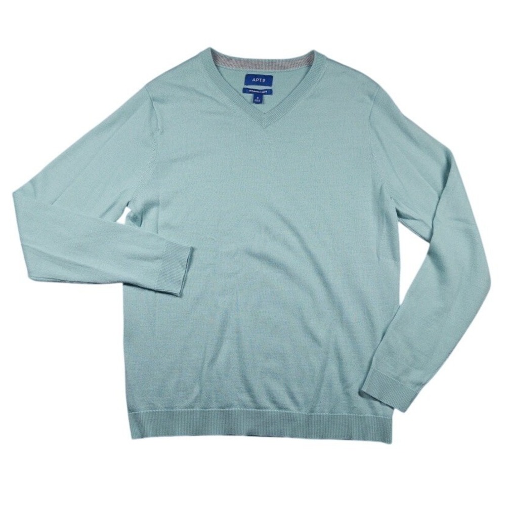 APT. 9 Men's Medium Aqua Blue Merino Wool Blend V-Neck Pullover Sweater Soft